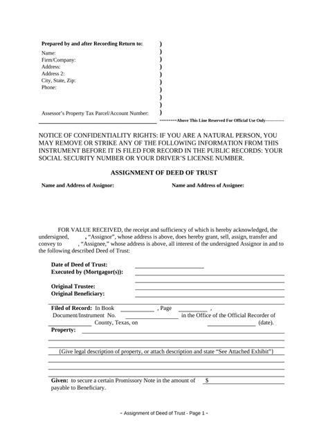 Assignment Of Deed Of Trust By Individual Mortgage Holder Texas Form