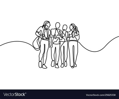 Continuous Line Group Talking Students First Vector Image