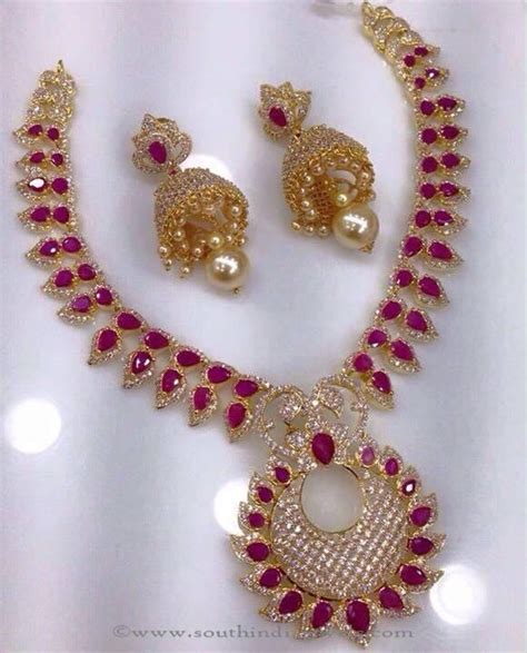 gold plated cz stone ruby necklace south india jewels