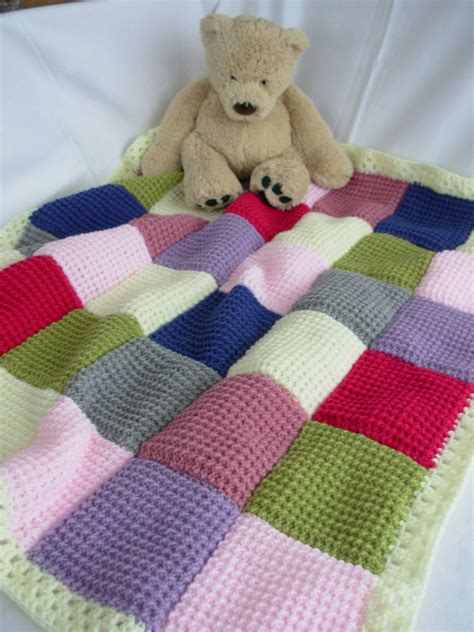 Handmade Knitted Patchwork Baby Blanket Pink Lilac Cream Blue