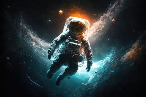 Artistic Astronaut Floating Through The Dark And Mysterious Depths Of