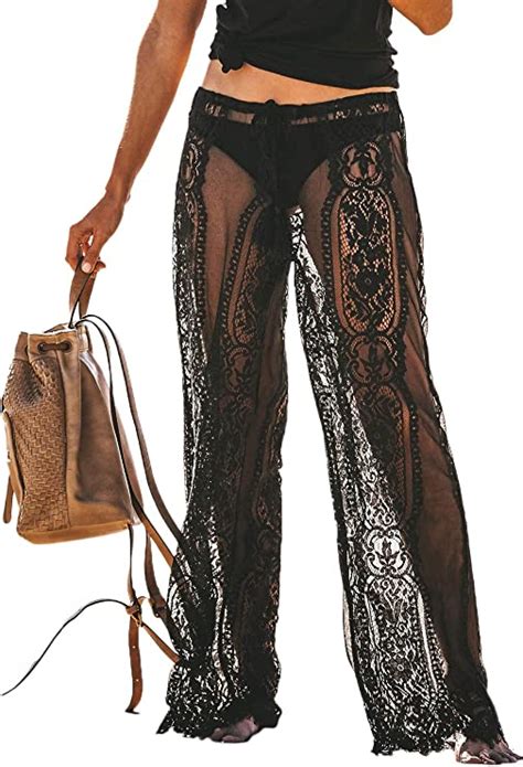 Roskiki Women S Crochet Lace Cover Up Pants Sexy See Through Tie Waist Swimsuit Bikini Bottom