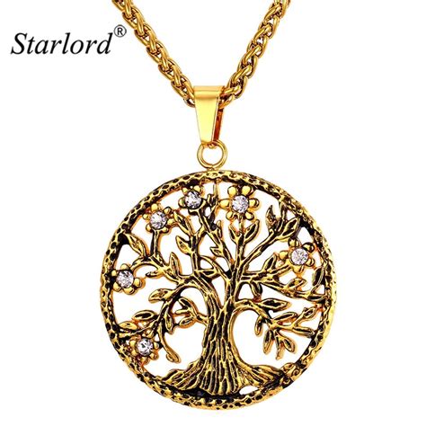 Starlord Tree Of Life Necklace & Pendant 316L Stainless Steel/Gold Color Vintage Rhinestone Coin ...
