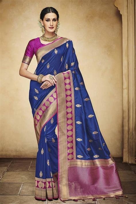 Navy Blue Embroidered Designer Heavy Silk Jacquard Saree In 2020 Navy Blue Party Saree Party