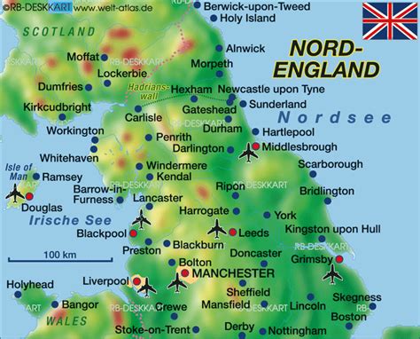 The united kingdom is located in western europe and consists of england, scotland, wales and northern ireland. Map of England North (Region in United Kingdom) | Welt ...