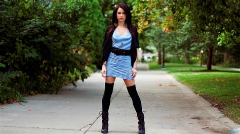 wallpaper women outdoors model brunette urban park necklace dress jacket thigh highs