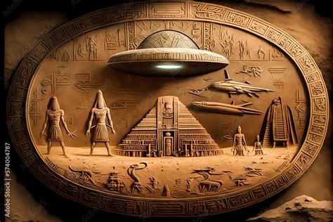 Egyptian Hieroglyphs Construction Of Egypt Pyramids By Ufo Aliens On Flying Saucers Generation