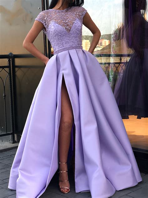 Round Neck Cap Sleeves Purple Lace Prom Dresses Long Cap Sleeves Purp