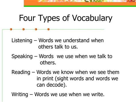 Ppt Four Types Of Vocabulary Powerpoint Presentation Free Download