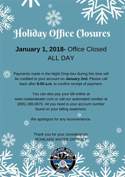 Holiday Office Closures Rowland Water District