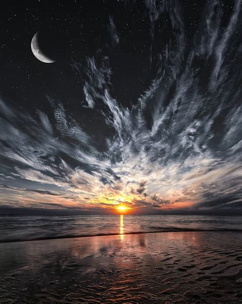 Beautiful Sunset On The Beach Stars And Moon On The Sky Stock Image