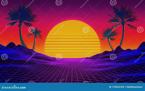 Retrowave Synthwave Or Vaporwave 80`s Landscape With Neon Light Grid
