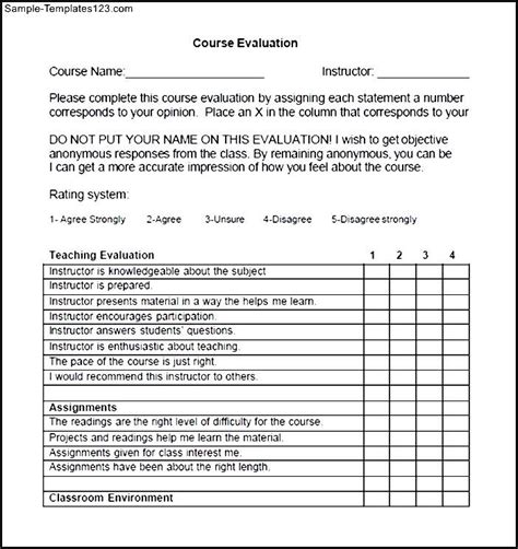 Student Evaluation Form Template Hq Printable Documents