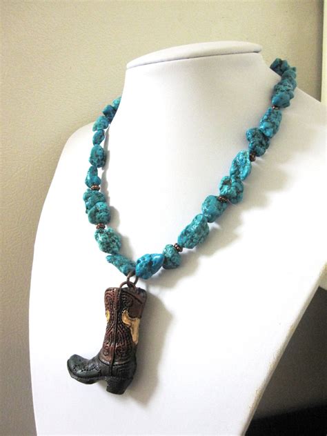 Cowboy Boot Necklace Western Jewelry Chunky Turquoise Blue