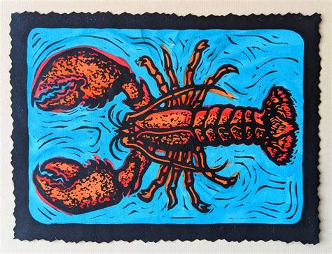 Lobster By Anita Hagan Original Linocut Linoleum Block Print With Acrylic On Kozo Paper Etsy