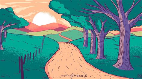 Country Road Sunset Vector Illustration Vector Download