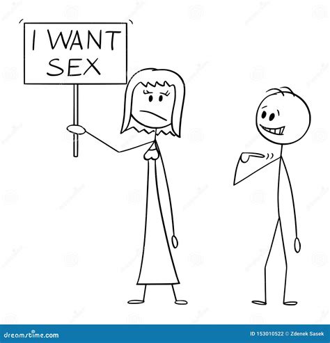 vector cartoon of frustrated woman holding i want sex sign man offers yourself as lover stock