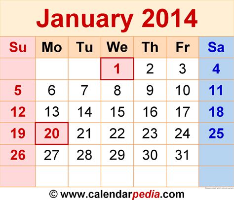 Calendar January 2014 Printable Calendar
