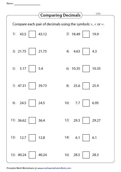 Comparing Whole Numbers And Decimals Worksheets