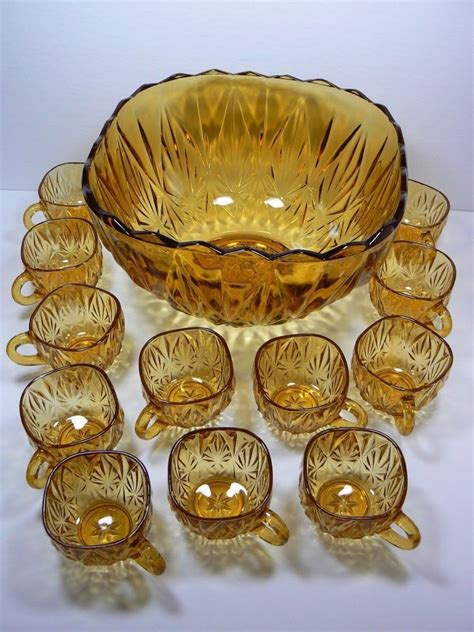 Hazel Atlas Williamsport Punch Set Continental Amber Glass W Cups