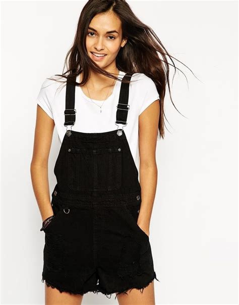 Asos Asos Collection Asos Denim Overall Short In Black With Raw Hem
