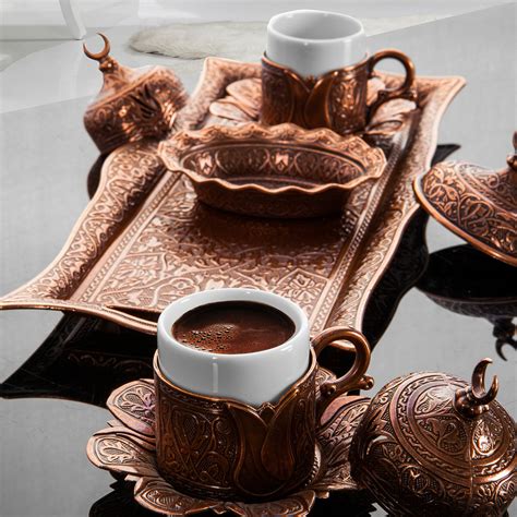 Lav tea set kelebek (6/set) 1/4 oz. Copper Turkish Coffee Set For Two Person Tulip Design ...