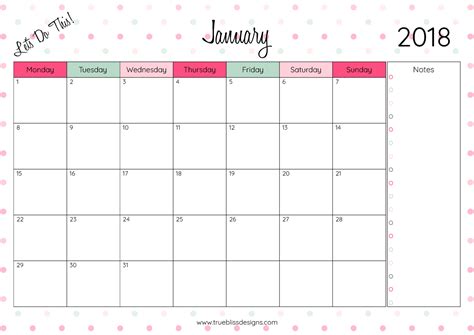 With this accessible calendar template you can create your own calendar for any month or any year. 2018 Monthly Printable Calendar - Let's Do This! - True ...