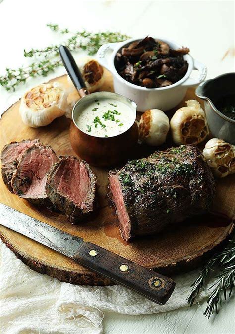 While the beef is resting, make the sauce by whisking together the sour cream, horseradish, dijon, vinegar, worcestershire sauce, salt, pepper and chives. Garlic and Herb Beef Tenderloin Roast Recipe - Chef Billy ...