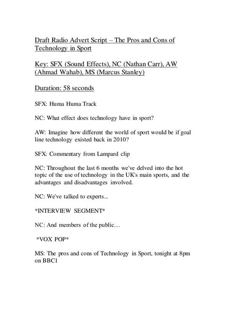 Draft Radio Advert Script The Pros And Cons Of Technology In Sport