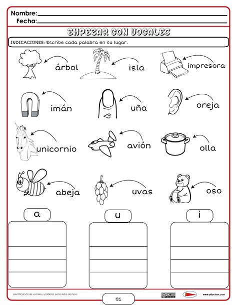 Combinaciones de palabras con i de entre 2 y 5 letras. Observo e identifico palabras que comienzan con vocales