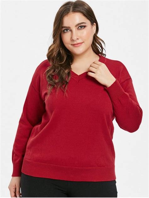 37 Off 2021 Plain Plus Size V Neck Sweater In Red Zaful