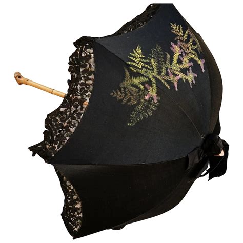 Victorian Mourning Parasol Antique Silk Hand Painted Gnarled Bamboo