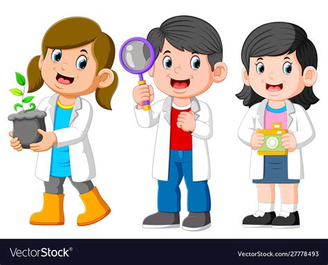 Three Kids Scientist Wearing White Laboratory Vector Image