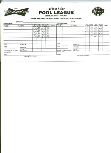 Pool Score Sheets