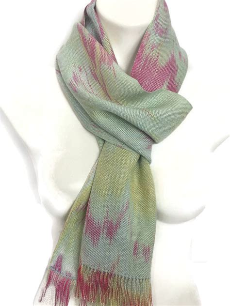 Hand Dyed Handwoven Tencel Fringed Scarf In Shades Of Light Green