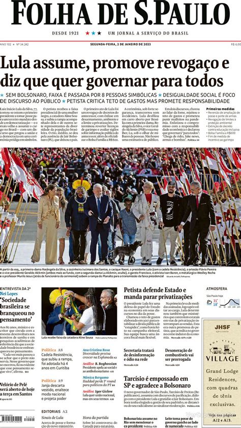 Capa Folha De Spaulo Edição Segunda 2 De Janeiro De 2023