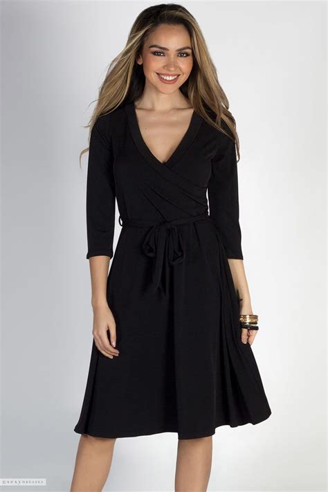 well dressed black 3 4 sleeve a line wrap dress black dresses classy classy dress black