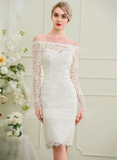 Sheathcolumn Off The Shoulder Knee Length Lace Wedding Dress 002095852 Jjs House