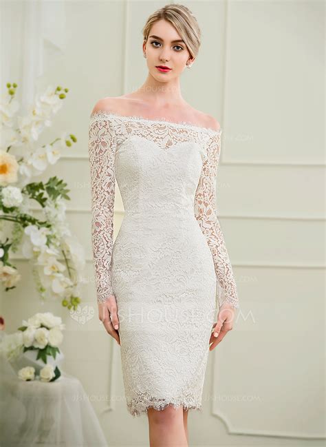 Your wedding dress should make you feel more beautiful than ever. Sheath/Column Off-the-Shoulder Knee-Length Lace Wedding ...