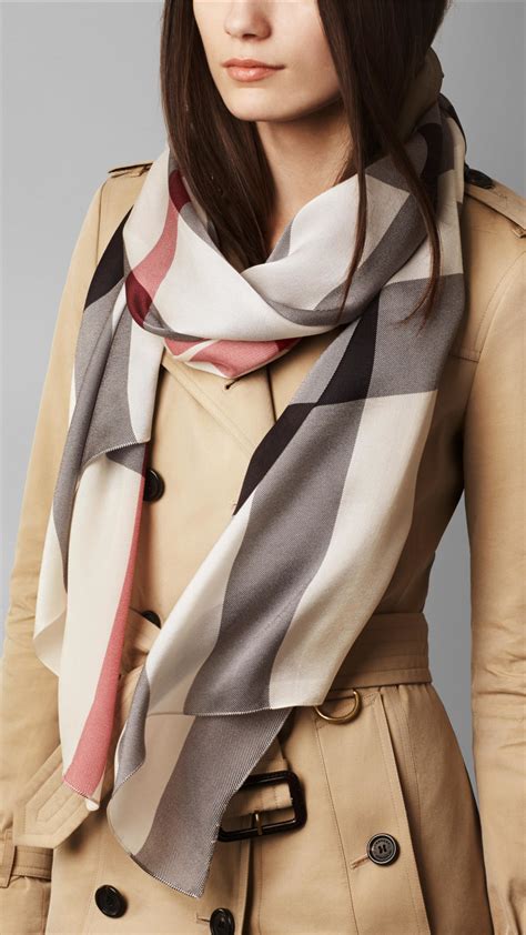 Lyst Burberry Check Silk Satin Scarf In Gray