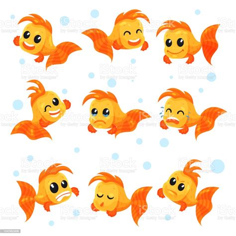 Goldfish Mignon Ensemble Poisson Drôle De Dessin Animé Personnages Avec