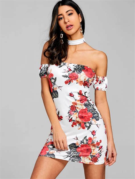 ZAFUL Women Floral Bodycon Mini Dress Off Shoulder Flower Printed Short