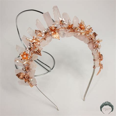 Rose Quartz Crystal Crown Pink Bridal Tiara Rose Gold Flower Etsy