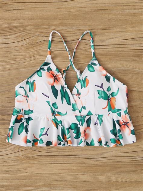 Floral Ruffle Hem Criss Cross Bikini Top | Bikini floral prints, Criss cross bikini top, Bikini tops