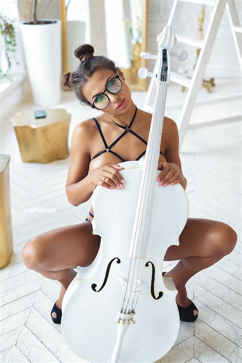 Wallpaper Nikolas Verano Musical Instrument Squatting Women Model Daria Shy Cello