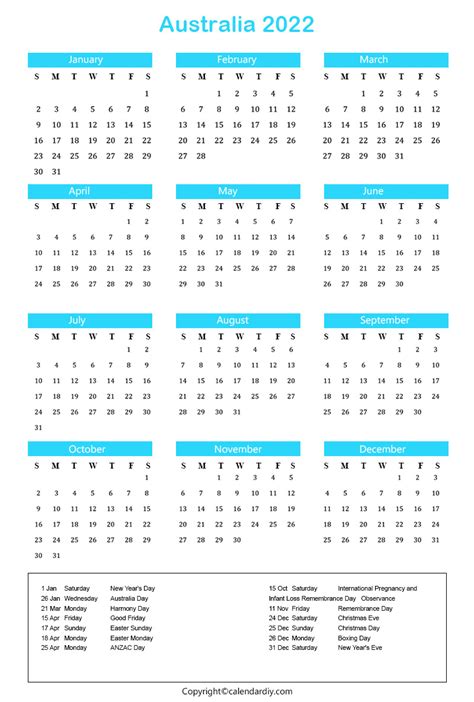 Australia 2022 Calendar With Holidays Template Pdf