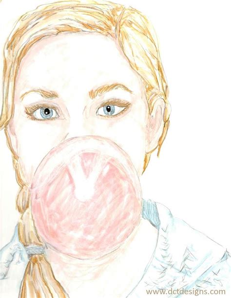 Drawing Of A Girl Blowing A Bubble With Pink Bubble Gum Art Blowing