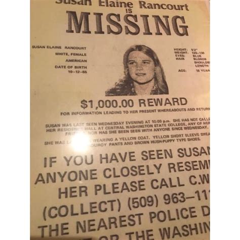 Ted Bundy Victim Susan Elaine Rancourt Missing Poster And Reward From 1973