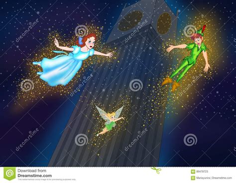 Tinkerbell Peterpan And Wendy Flying In The Night Sky Editorial Stock