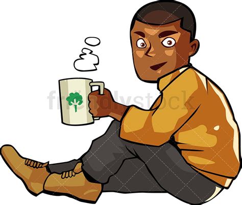 Black Man Drinking Hot Coffee While Seated Cartoon Clipart